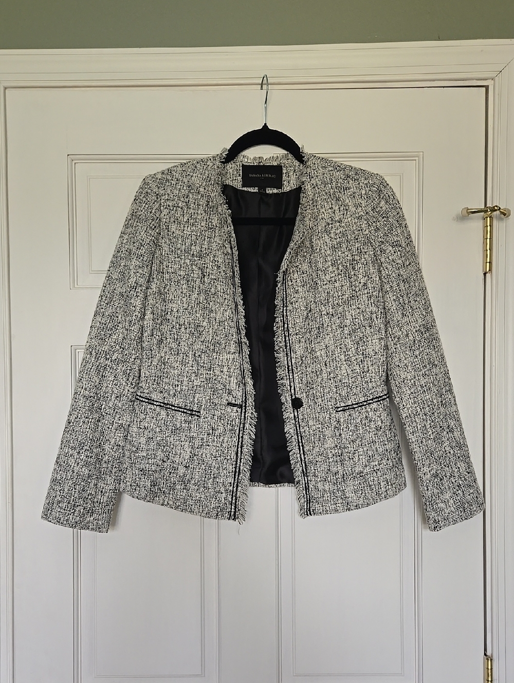 Banana Republic Black and White Tweed Fringe-Trim Blazer